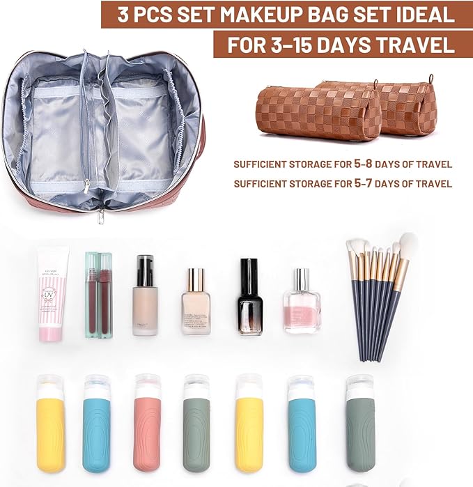 BOYATU Travel Makeup Bag Organizer: 3 Pcs Set Large Capacity Cosmetic Bags Holds 10–20 100ml Full-Size Bottles - 180°Open-Flat Make up Case 3-sec touch-up - Toiletry Bag Gift women (03-A-Brown)