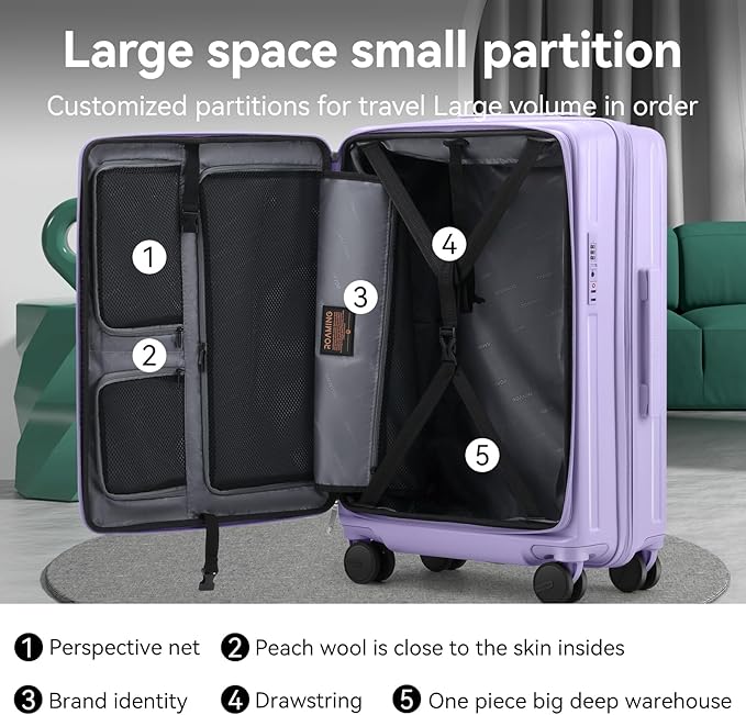 ROAMING 20 Inch Carry On Luggage Expandable Front Opening Rolling Vacation Suitcase with Spinner Wheels and TSA Lock Cup Holder PC Hard Shell Travel Trolley Case for Shout Business Trips purple