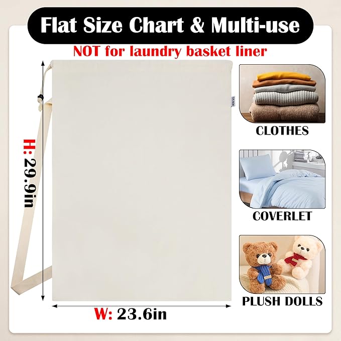 Canvas Laundry Bag with shoulder Strap 24"W x 29"H, Large Drawstring Dirty Clothes Bag Washable Laundry Sack for College Dorm, Travel, Home, Camp (Beige)