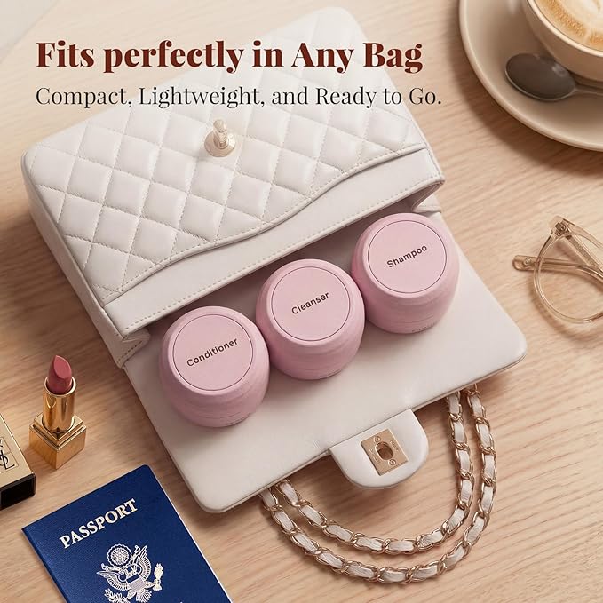 New Travel Toiletry Containers [Ultra Leakproof] TSA-Approved, PLA Hard Shell Jars with 5 Magnetic Labels, Wide Mouth Bottles for Lotion, Cleanser, Shampoo, Conditioner, Pink, 3 Pack, 1OZ