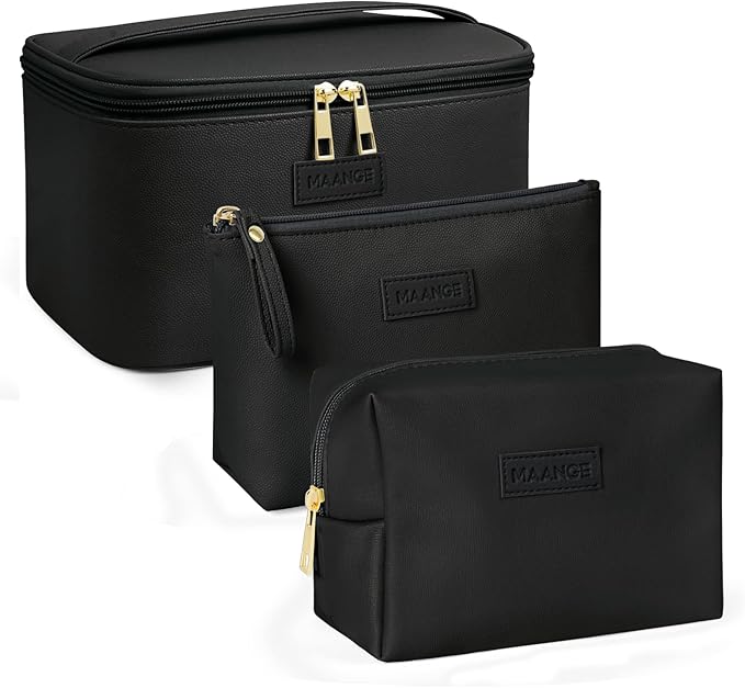 MAANGE Makeup Bag - Large Cosmetic Bag with 2pcs Small Makeup Bags Portable Leather Travel Makeup Bag Set Toiletry Bag Make Up Bags for Women and Girls (Black)