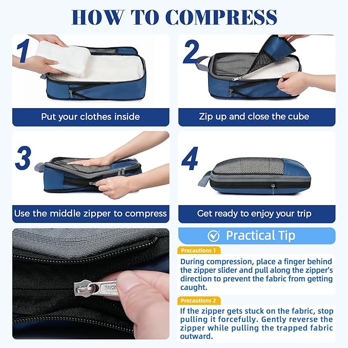 BAGAIL 4 Set/6 Set/8 Set Compression Packing Cubes Travel Accessories Expandable Packing Organizers(HalfMesh,8-Navy)