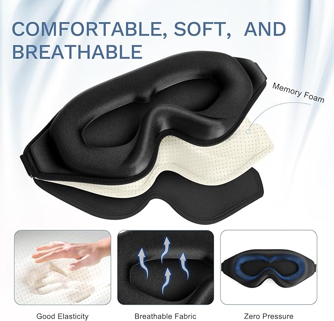 FlyCoco 99% Fully Block Out Light Eye Sleep Mask, 3D Deep Contoured Eyes Cover Zero Pressure, Long Lash Extension Eyes Mask with Adjustable Straps for Sleeping Travel Home Nap Rest Women Men (Black)