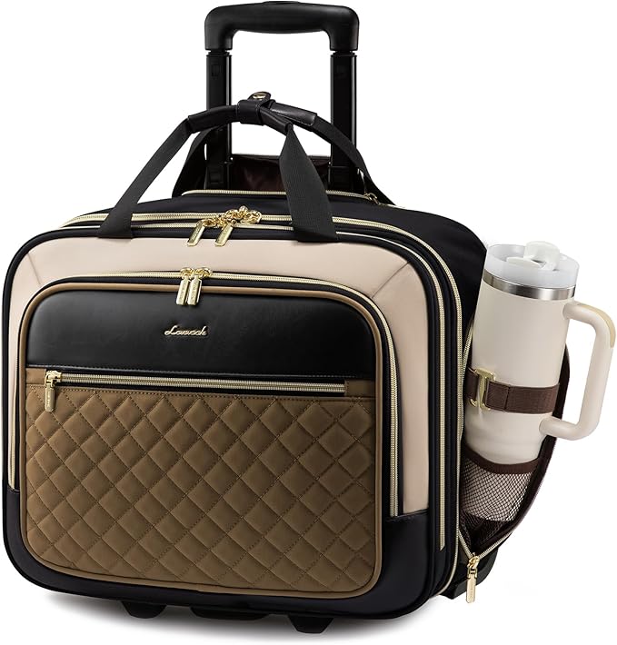 LOVEVOOK Rolling Laptop Bag Women, 17.3 Inch Laptop Briefcase with Wheels for Work Travel Business, Underseat Carry On Luggage Case,Khaki-Apricot