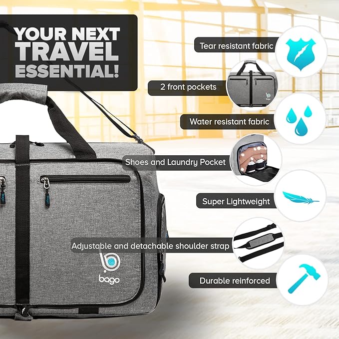 Bago Compact Duffle Bag for Travel Women & Men. Durable Lightweight Foldable Travel Duffel Bags For Traveling Women. 40L Duffle Bags a Reliable Weekender duffel or Overnight Bag With Shoe Compartment