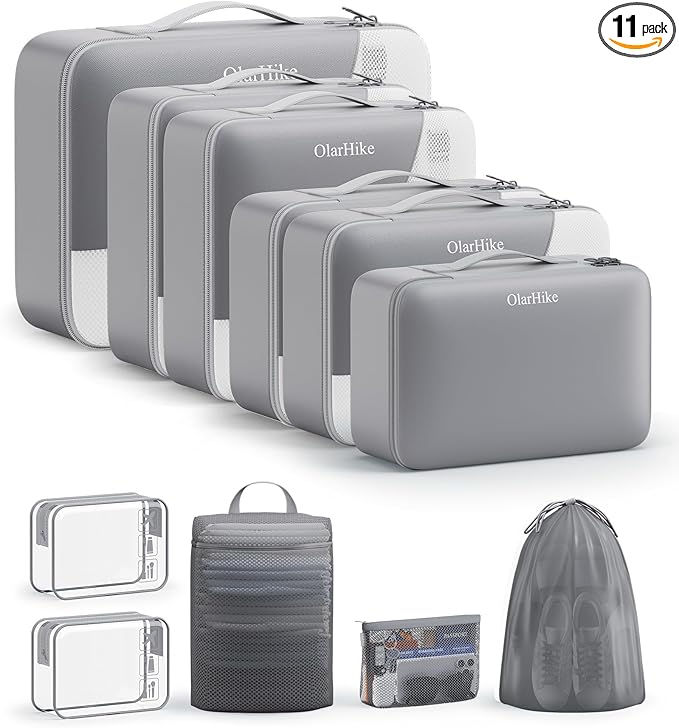11 Set Packing Cubes for Travel, Gifts for Women Mom Kids, TSA Approved Bags for Makeup, Cosmetic, Toiletry, Suitcase Organizers for Checked Luggage, Cruise Essentials,Airplane Accessories, Grey