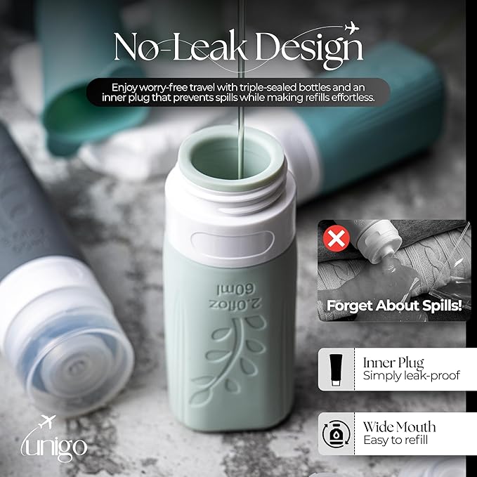 unigo 30 PACK Travel Bottles Set for Toiletries - Leakproof Refillable Travel Size Containers, TSA Approved Bottles with Labels, Brush & Covers for Carry-On Travel