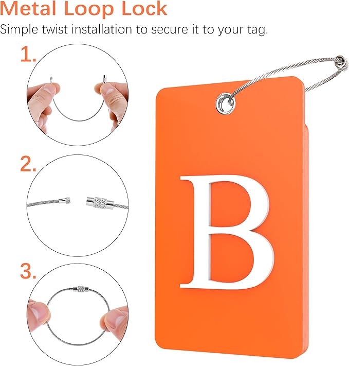 Gostwo 2 Pack Luggage Tags for Suitcases, 26 Initial Letter Travel Luggage Baggage Identification Labels ID Tag Fully Bendable Tags with Stainless Steel Loop (Orange) (Letter B)