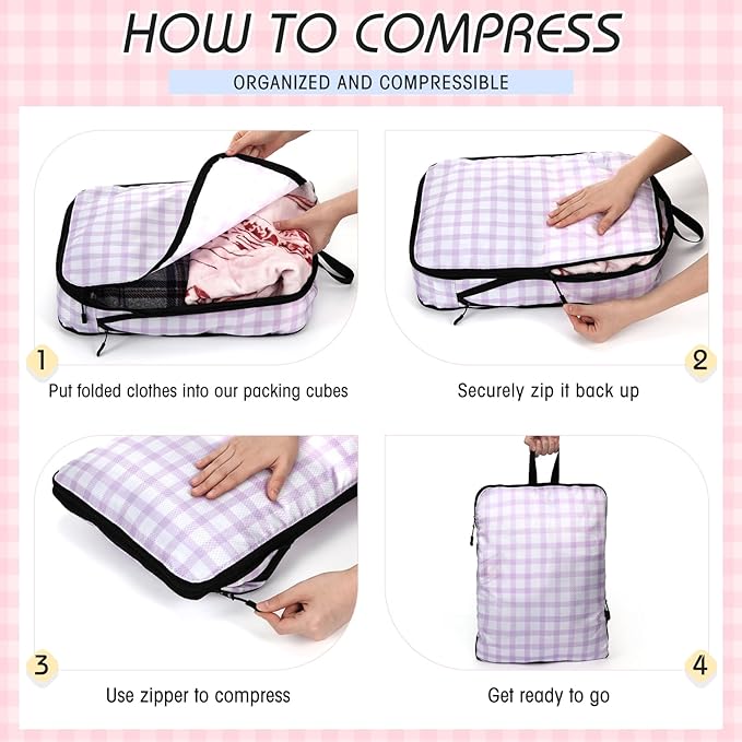5 Pack Compression Packing Cubes for Travel Space Saving Cubes Luggage Organizer for Suitcase(Plaid,L)