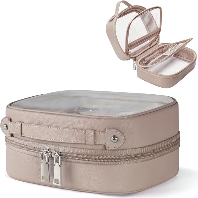 Clear Cosmetic Bag Double Layer 4 Compartments Travel Toiletry Bag Clear Makeup Bag Case with Zipper Transparent Travel Bag for Toiletries, Gift for Women Girls (Taupe, Small)