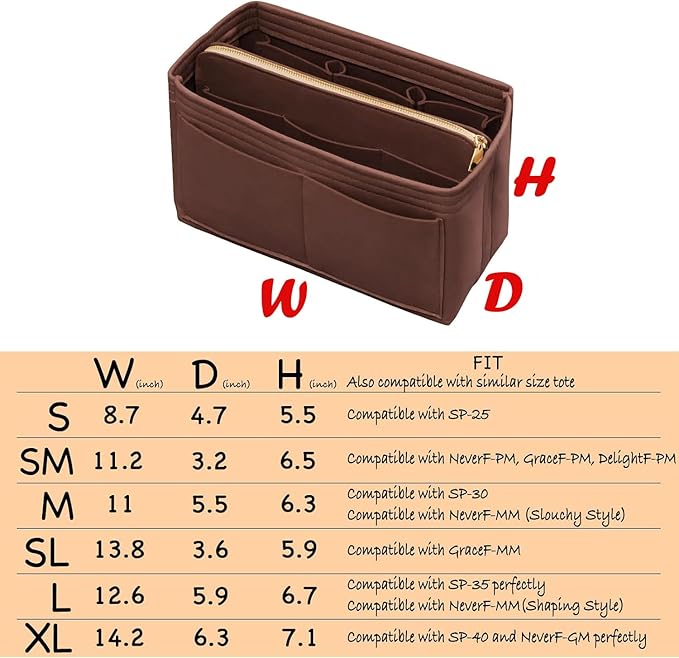 DailyPlus Purse Organizer Insert with Zipper Felt Bag Organizer Handbag Organizer Insert Bag in Bag Organizer with Key Chain for Tote Purse Bag Brown XLarge