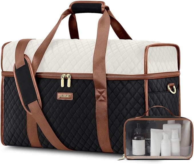 Weekender Travel Duffle Bag for Women: Overnight Bags with Shoe Compartment Carry on Bags for Airplanes with Toiletry Bag Weekend Yoga Gym Bag with Wet Pocket Black White Brown