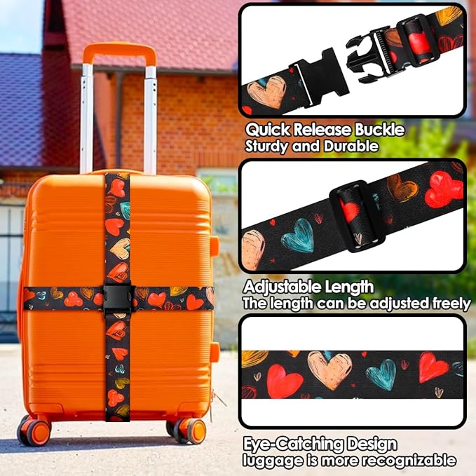 Gutsdoor Luggage Straps for Suitcases Adjustable Travel Belt, Connector Holds Suitcase Bright Colorful Identifiers Travel Bag Accessories (Heart Black)