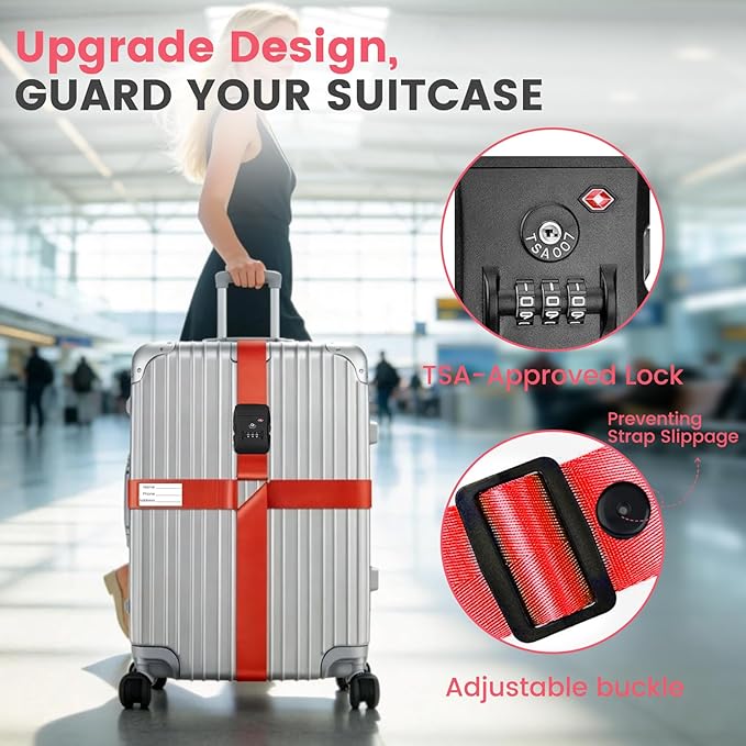 Upgrade TSA Approved Luggage Straps with Retainer Clips, Adjustable Heavy Duty Anti-Burst Travel Strap, High Visibility Easy Identification, Cross Design Luggage Belt for 20-34 Inch Luggage(Red)