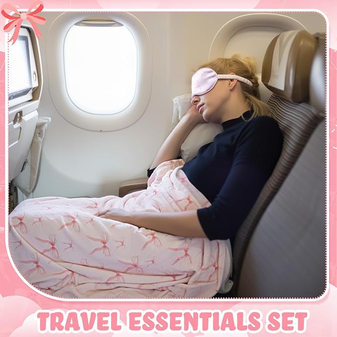3 Pcs Travel Airplane Blanket Gift Set for Women 40 x 60 Pink Bow Throw Blanket, Eye Mask and Storage Bag with Hand Luggage Sleeve Comfort and Self Care Essentials for Flying Train and Road Trip