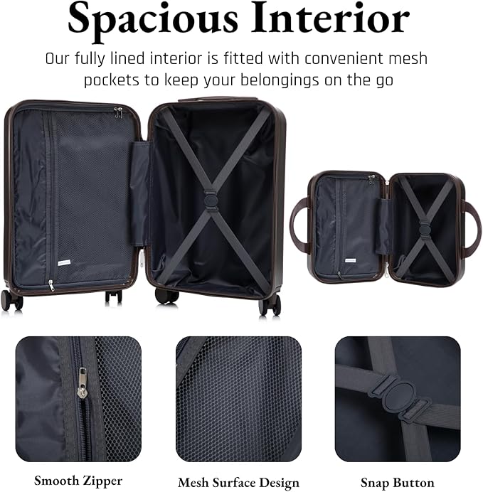 2 Pcs ABS Spinner Luggage Set - 14" Cosmetic Case & 20" Carry-On with Combination Lock, Front Opening Design, Brown