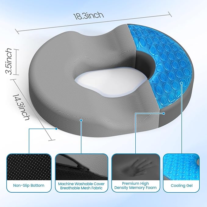 Donut Pillow Seat Cushion - Cooling Gel Outdoor Chair Cushions, Memory Foam Cushion for Office and Home, Car Seat and Patio Cushions, Hemorrhoids Pillow, Sciatica and Tailbone Pain Relief, Light Grey