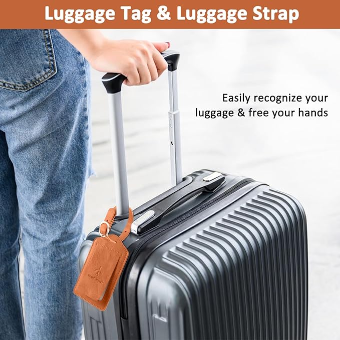 1 Pack Luggage Tag, PU Leather Suitcase Tags Identifiers Privacy Cover ID Label for Travel Bag Suitcase with 2 Pack Luggage Straps for Hats, Bags and Travel Accessories(L-Brown)
