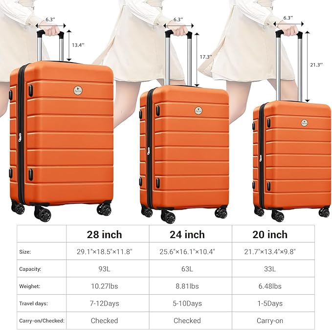 Classic 3-Piece Luggage Set with TSA Lock, Lightweight Suitcase with Spinner Wheels, Hardshell Expandable Carry-On Luggage, 20/24/28 inch, Orange