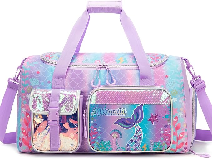 Kids Duffle Bag for Girls Dance Bag for Kids Mermaid Ballet Bags for Girls 6-8 Gymnastics Sports Overnight Bags with Shoes Compartment
