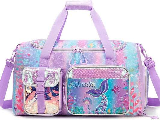Kids Duffle Bag for Girls Dance Bag for Kids Mermaid Ballet Bags for Girls 6-8 Gymnastics Sports Overnight Bags with Shoes Compartment