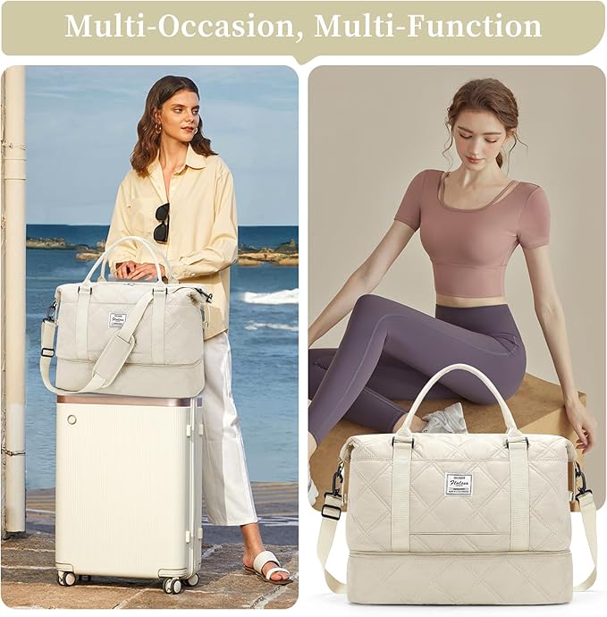 Weekender Bags for Women,Personal Item Travel Bag with Shoes Compartment,Overnight Travel Duffel Bag with Toiletry Bag,Quilted Beige