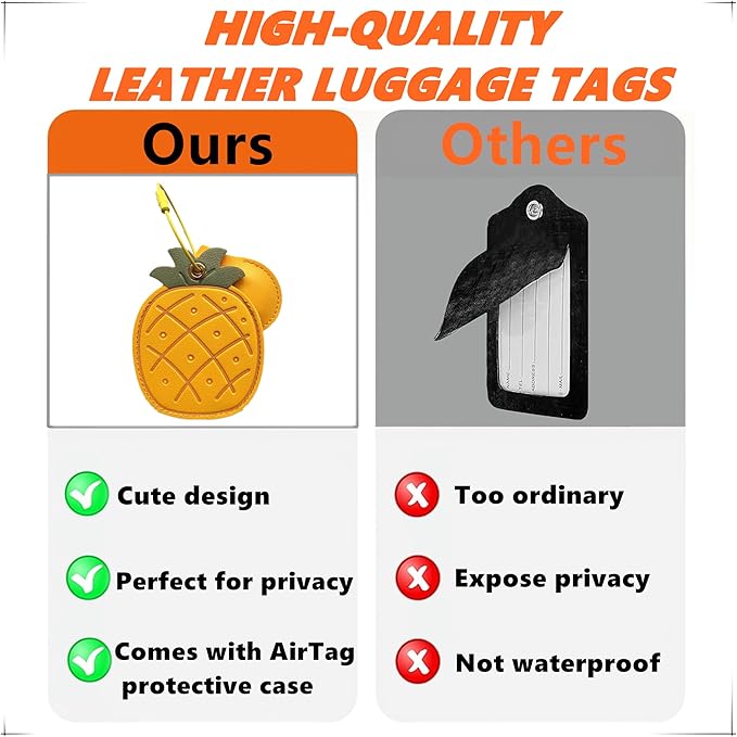 CuteLeather Luggage Tag Holder with Airtag Case Set,Hidden Compartment for AirTag Travel Suitcase Tracking Case with Stainless Steel Loop,Name ID Label(Pineapple)