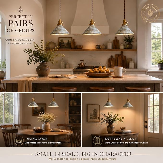 Rustic Pendant Light 2 Pack with Vintage Silver Metal Lampshade, Kitchen Island Pendant Light 6.5Ft Adjustable Hanging Lamp for Kitchen Island Dining Room Hallway
