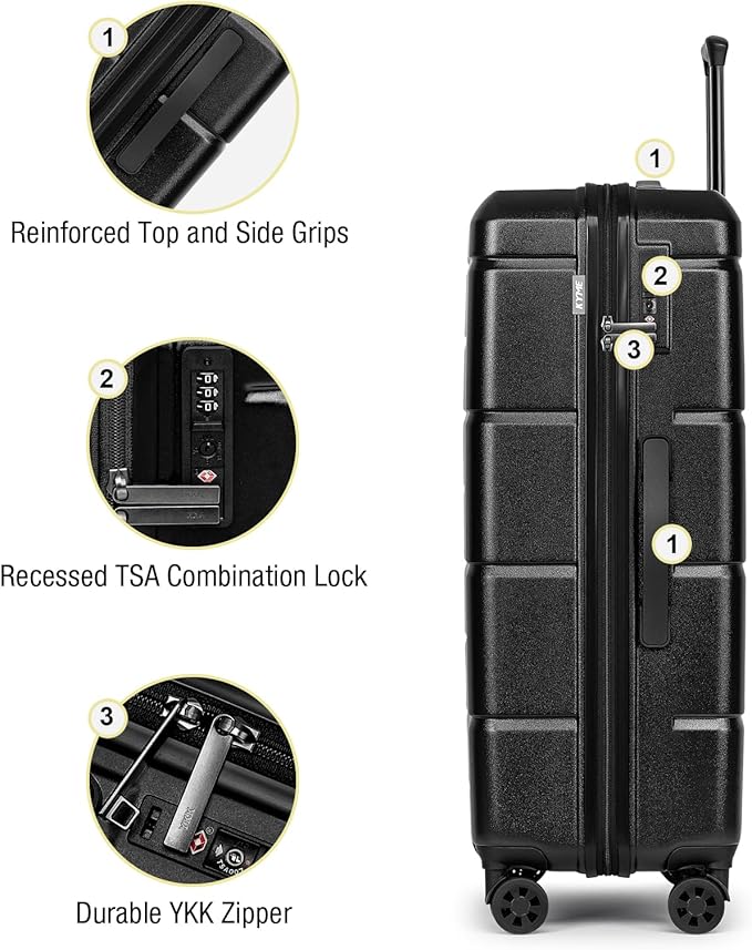 KYME Luggage Sets 3 Piece Hardshell 20"/24"/28" Suitcase with Wheels Hardside Suitcase Set with TSA Lock Large Travel Luggage Set for Women Men Black