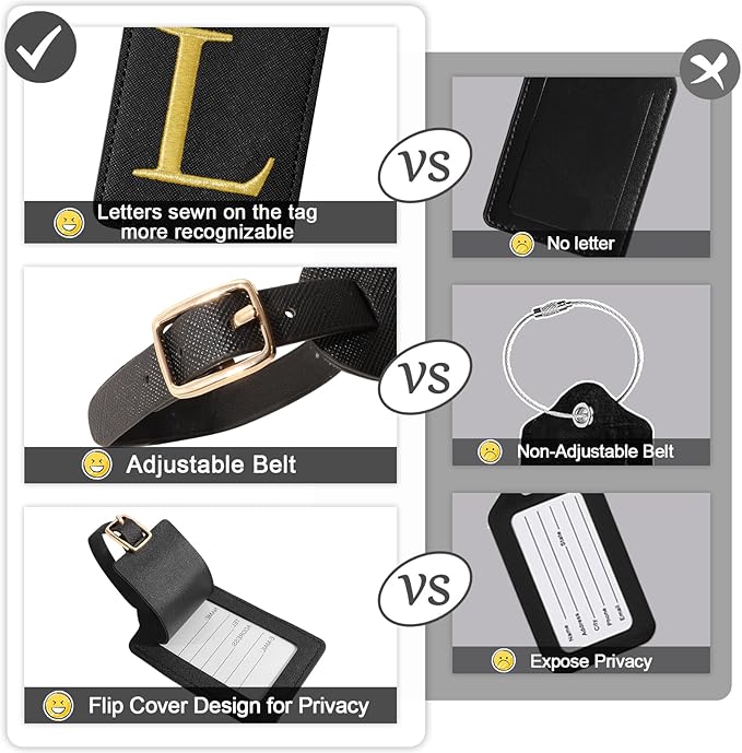 Personalized Initial Luggage Tags for Suitcases, Cute PU Leather Embroidered Letter Travel Luggage Tags, Suitcase Identifier Name Baggage Tag, Bag Tags for Men Women Kids Luggage Handbags(Black L)