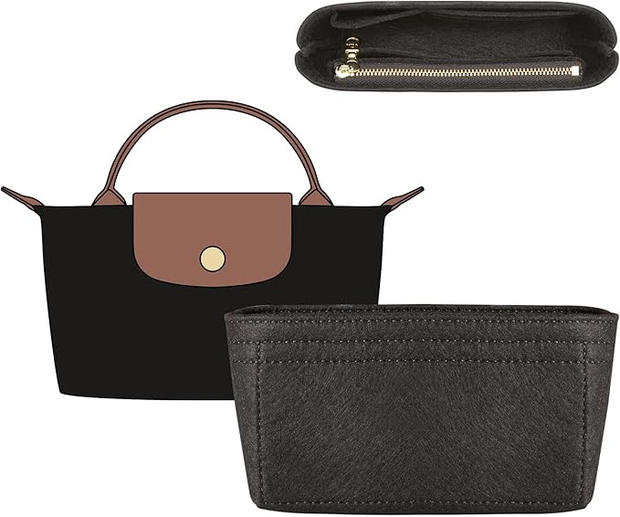 Doxo Bag Organizer Insert for LongChamp Mini Bag, Felt Small Purse Insert Organizer with YKK Zipper, Bag in Bag for Le Pliage Pouch XS with Handle, Extra Small Handbag Inner Shaper (Black, Mini)