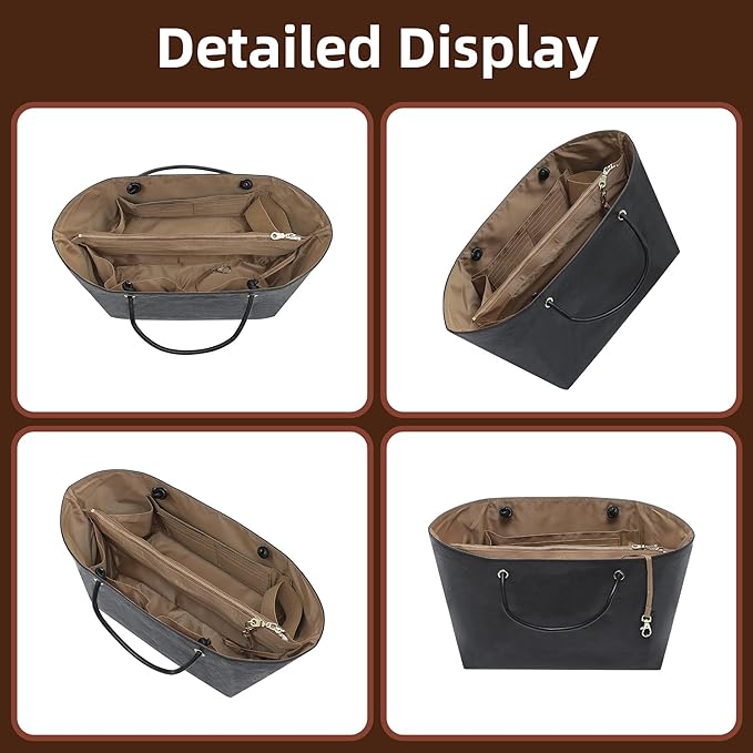 Doxo DupontPaper Purse Organizer Insert for Longchamp LePliage Large,Fixed Handle, Bag Shaper with Key Leash& 16 Compartments, Upgraded Elastic Cup Holder(Black Brown，L)