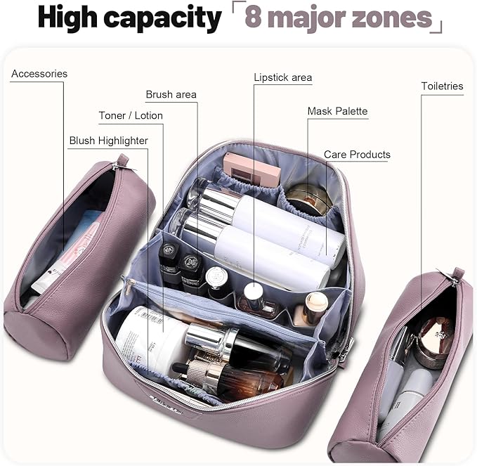 BOYATU Travel Makeup Bag Cosmetic Bags for Women: Large Capacity 3 Pcs Set Make up Bag with Compartments - Waterproof Vegan Leather Toiletry Organizer Bags with Handle (L28Purple)