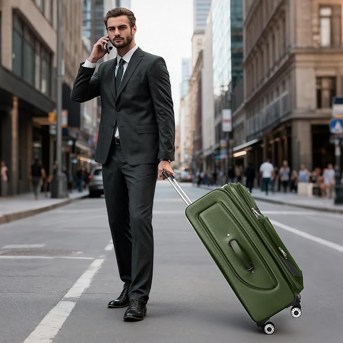 28" Large Softside Expandable 15% Checked Luggage with Double Spinner Wheels LOCK,Lightweight Travel Suitcase for Men/Women（Green-Grey,28in）