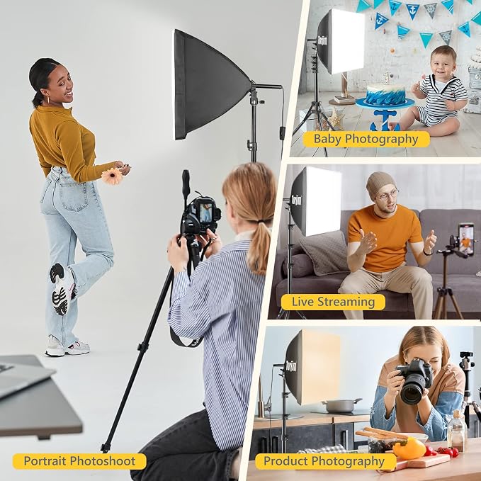 Torjim Softbox Photography Lighting Kit | 16" X 16" & 85W LED Studio Light | Soft Diffusion For Even Light | 3000-7500K Adjustable LED Bulbs for Studio Photo Video Recording Live Streaming Portraits