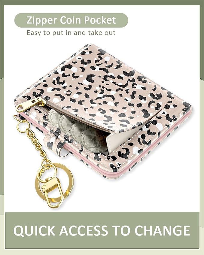 Aiawoxc Womens Wallet, RFID Small Wallets for Women, Slim Compact Credit Card Holder, Cute Leather Bifold Ladies Purse with Zipper Coin Pocket and ID Window, Beige Leopard Print