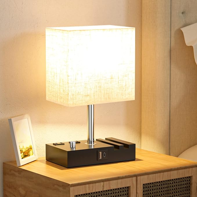 Beige Bedside Table Lamps Set of 2 - Dimmable, USB C+A, 2 AC Outlets | Dimming By Rotary Knob, USB C+A Ports, 2 Phone Stands, LED Bulbs Included, Rectangle Beige Lampshade, for Living Room, Desk