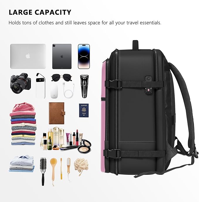 SUOCO Travel Vacuum Backpack with Portable Electric Pump, 45L Carry On Compression Seal Travel Backpack with Vacuum System, Traveling Packing Luggage Suitcase, Pink