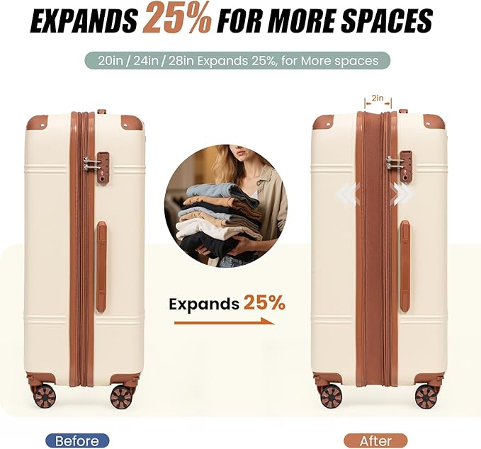 Expandable Luggage Sets 5 Piece with Detachable Spinner Wheels and TSA Lock,ABS Hard Case Suitcases with Wheels,Carry On Luggage Set