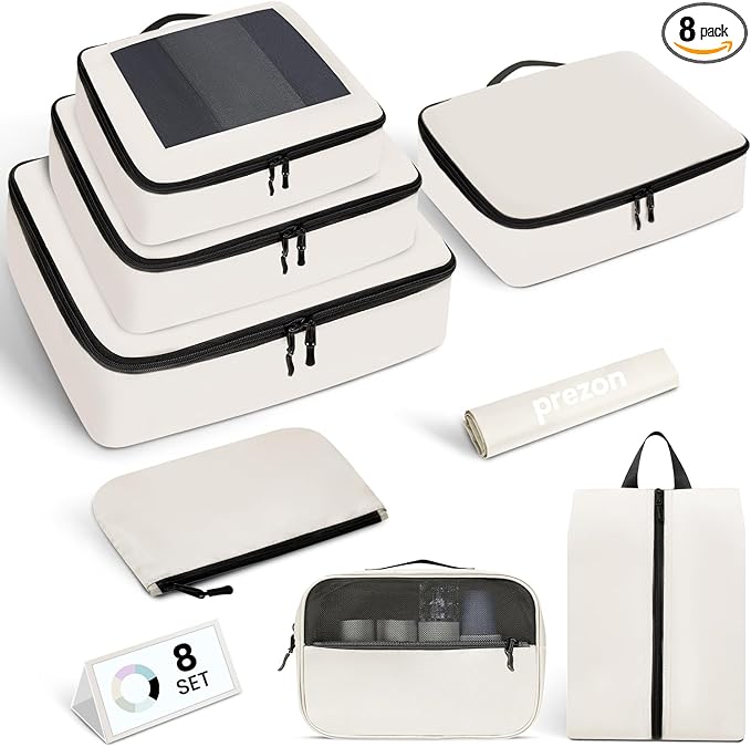 Mesh Packing Cubes for Travel, Durable Luggage Organizer with Sturdy Material and Double Zippers, Comprehensive Set for Travel Accessories Storage, 8 set, cream