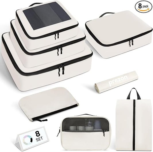Mesh Packing Cubes for Travel, Durable Luggage Organizer with Sturdy Material and Double Zippers, Comprehensive Set for Travel Accessories Storage, 8 set, cream
