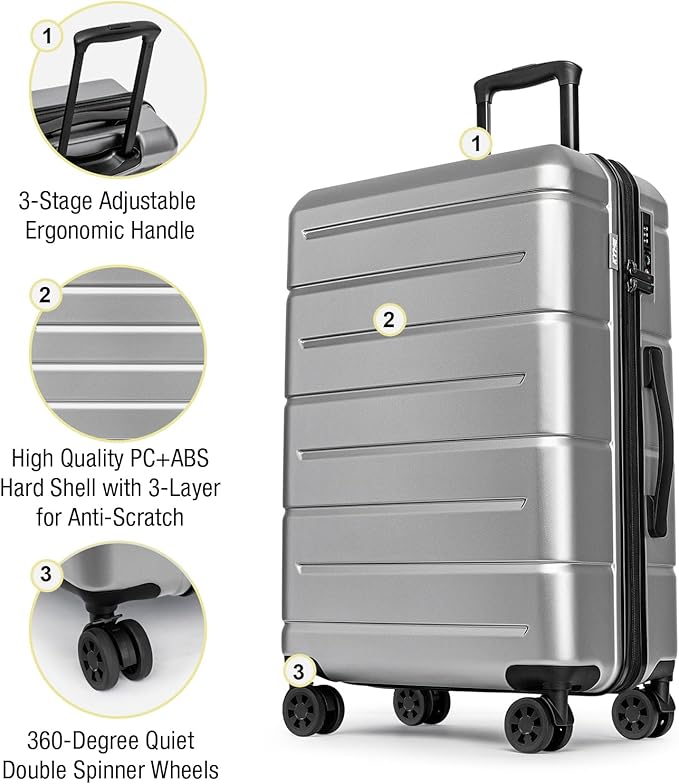 KYME Luggage Sets 3 Piece Hardshell 20"/24"/28" Suitcase with Wheels Hardside Suitcase Set with TSA Lock Large Travel Luggage Set for Women Men Silver Grey