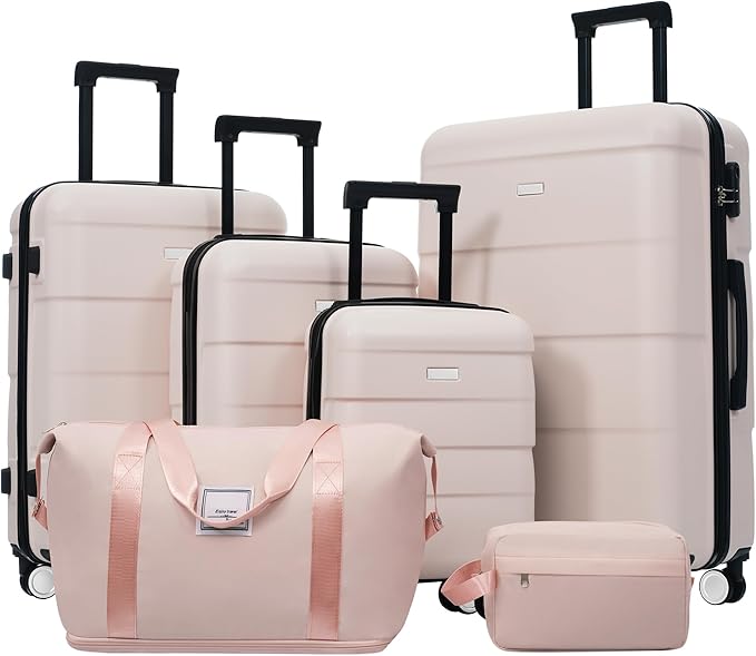 6 Piece Luggage Set Hard Shell - Light Pink Traveling Suitcases with Spinner Wheels and Duffel Bags for Family Travel, Durable Carry On Luggage Sets with Lock for Women and Girls