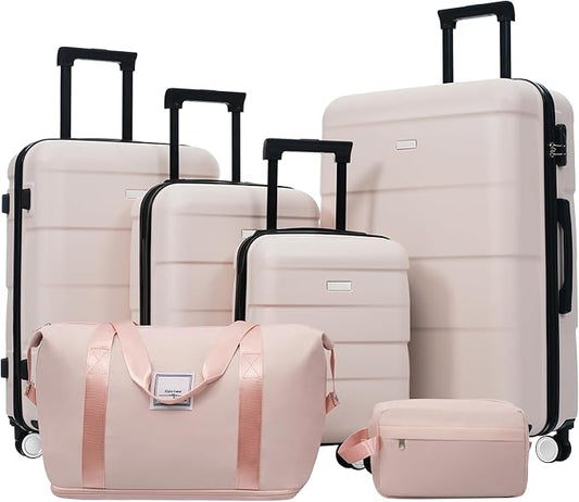 6 Piece Luggage Set Hard Shell - Light Pink Traveling Suitcases with Spinner Wheels and Duffel Bags for Family Travel, Durable Carry On Luggage Sets with Lock for Women and Girls