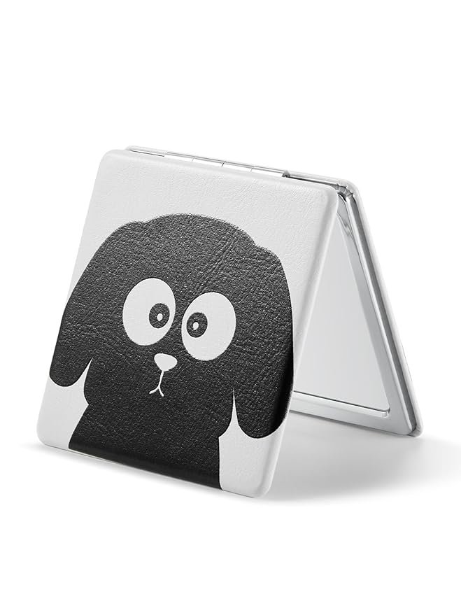 OMIRO 1X/3X Magnifying Mirror, Unique Painting Compact Mirror with Classical PU Leather (Black Dog)