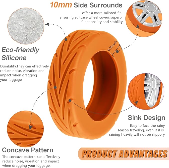 Upgrade Luggage Wheel Covers, 8pcs Suitcases Wheel Protector,Wear-Resistant, Anti-Noise, Silicone Protectors For 2-2.4"Luggage Spinner,Accessories for Travel (Orange)