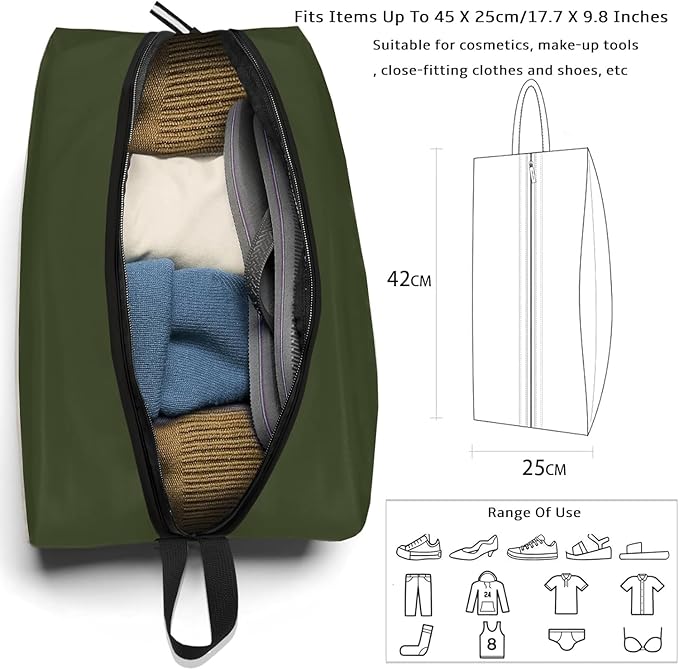 Travel Shoe Organizer with Zipper Closure, 2pcs Portable Packing Storage Organizer with Handle Design for Travel/Gym/Dance Essentials, Gifts for Men and Women (Dark Green, 2-Pack)