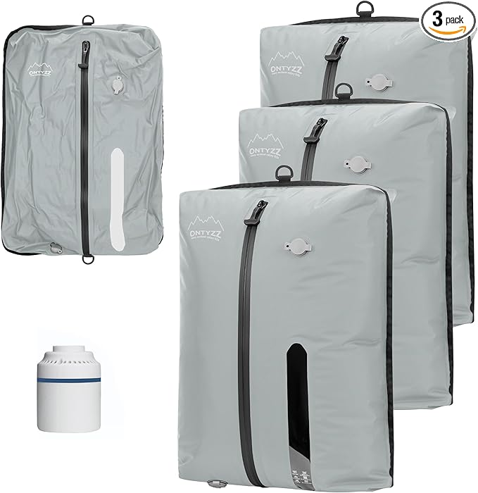 ONTYZZ Vacuum Bags for Travel, Reusable Vacuum Compression Bag, Recycled IPX8 Waterproof Space Saver Bag for Luggage/Camping/Home Storage (3 Pack with Air Pump-Grey)