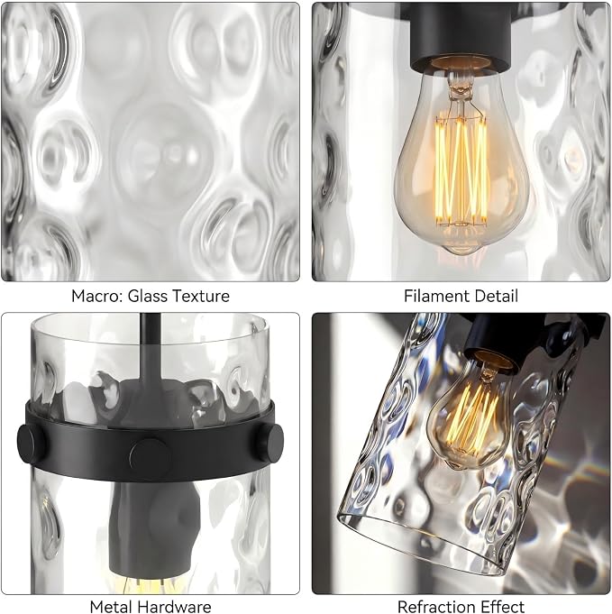 Modern Clear Wavy Glass Pendant Light 2 Pack - Thick Glass Adjustable E26 Hanging Lamp with Elegant Warm Glow for Kitchen Island, Dining Room & Hallway