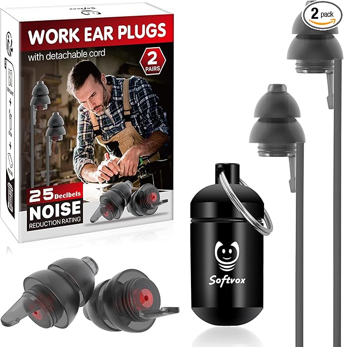 Corded Ear Plugs for Work 2 Pairs, 100x Reusable Ultra-Comfy Earplugs with Detachable String, Hearing Protection for Shooting Range Construction Mowing Focus Safety, 25 dB Noise Reduction